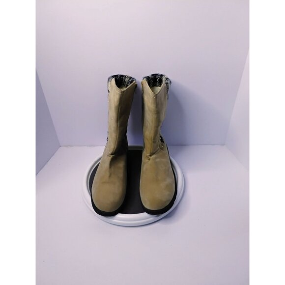 Muk Luks Shoes - Tan Mid-Calf Winter Boots With Plaid Knit Cuffs Faux Suede Upper Faux Fur Lining